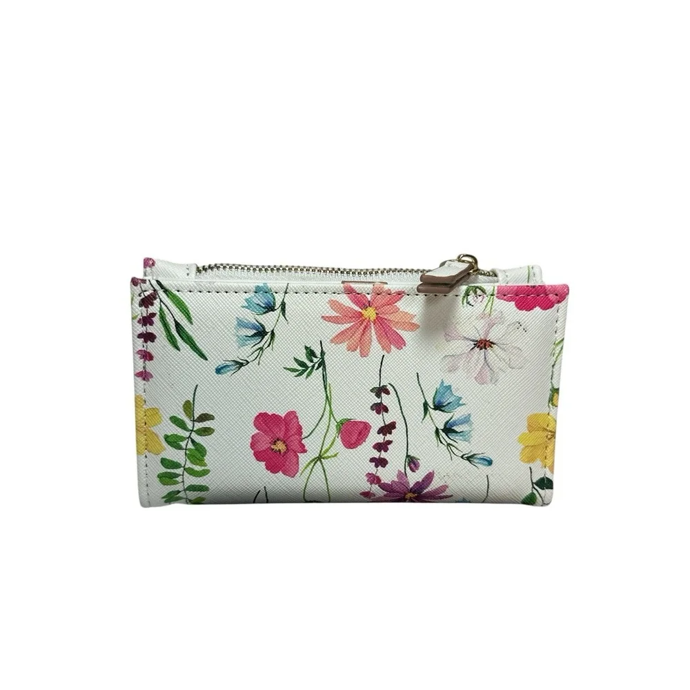 Nanette Lepore Women's Small White Floral Bifold Wallet Snap Closure Zip Pocket‎